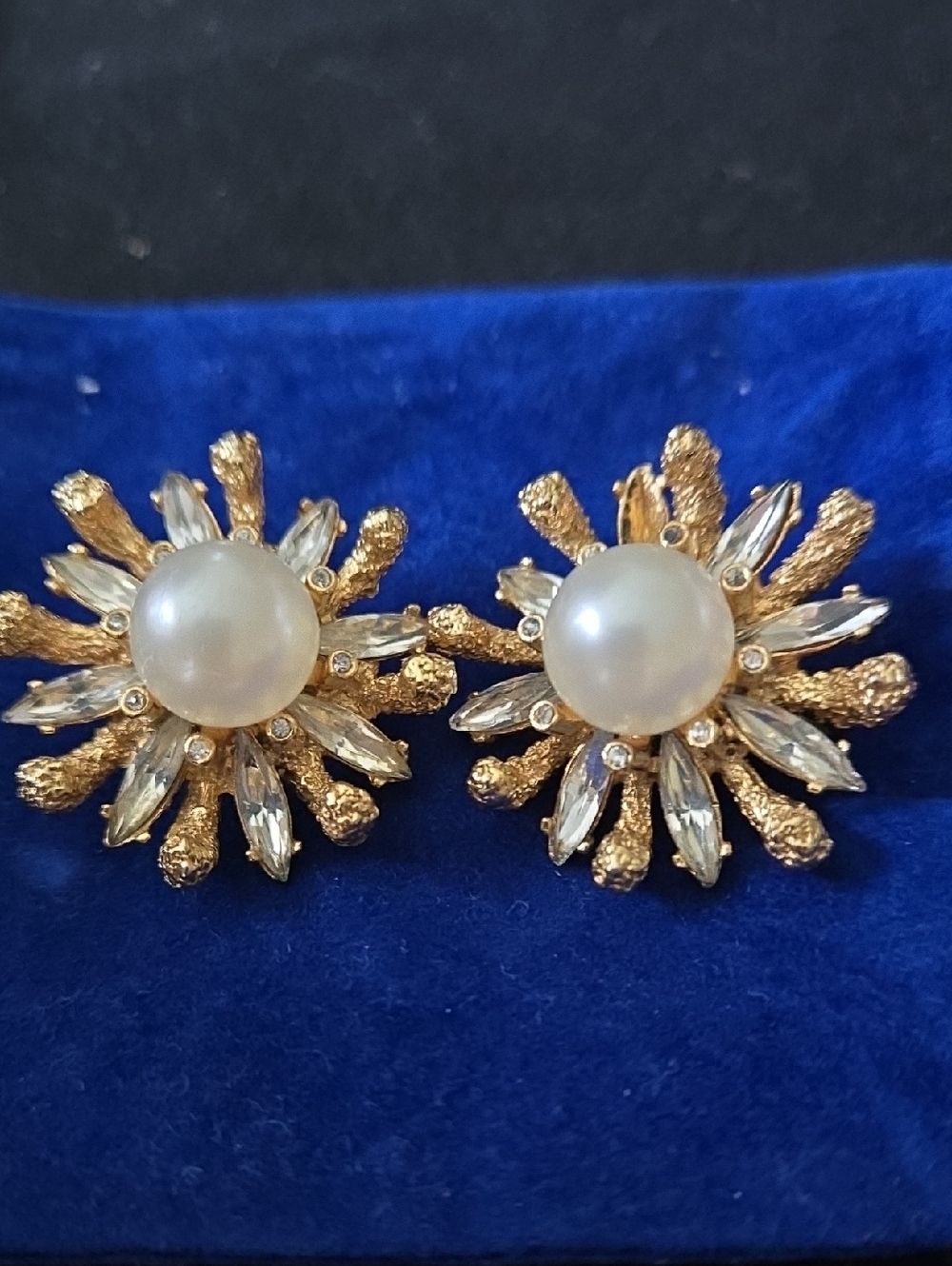 Vintage Clip On Earings With Crystal Baggets And A Faux Peral Center